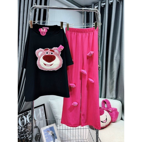 Set áo cotton gấu thêu quần suông đính gấu hình thật