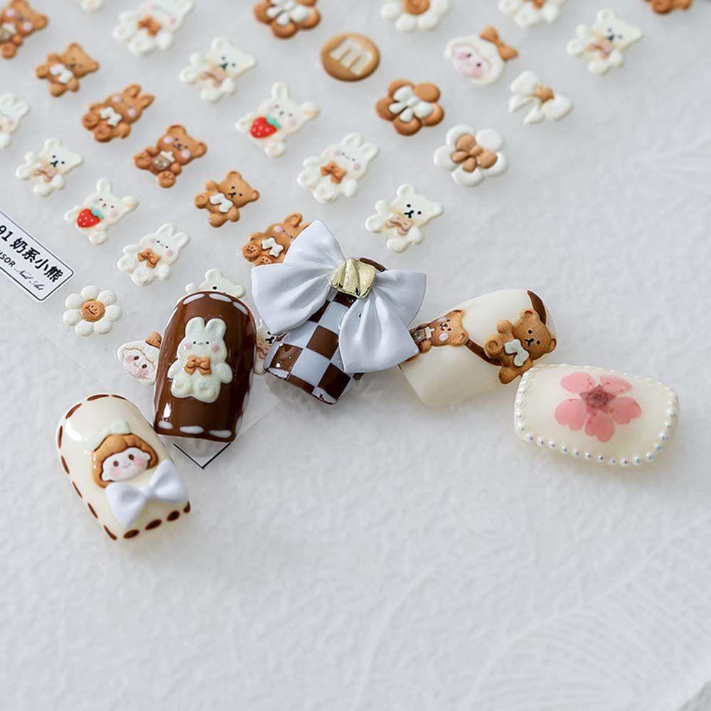 QQMALL Miếng Dán Trang Trí Móng Tay 5D DIY Hình Gấu Thỏ Màu Sắc Xinh Xắn