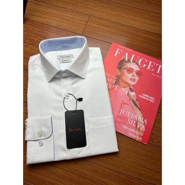 Sơ mi dài tay trắng tinh khôi nhà Piere Cardin hàn, chất cotton vân chéo, dáng slimfit, vạt bầu