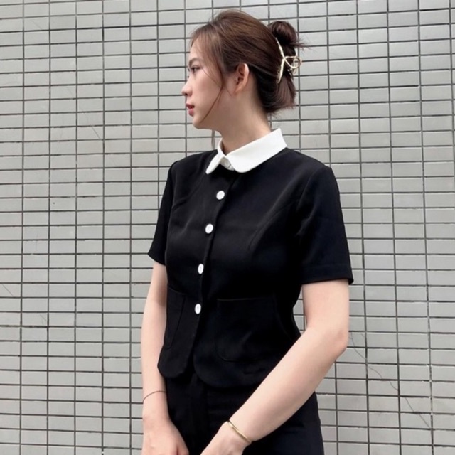 Set đồ nữ sành điệu, thanh lịch hàng thiết kế Huien Design cổ trắng với quần đen ống vảy | BigBuy360 - bigbuy360.vn