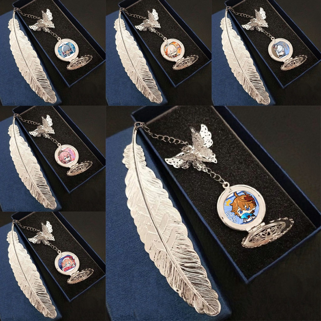 ( không kèm hộp ) Bookmark nhân vật GENSHIN IMPACT ver CHỮ NHẬT anime chibi lông vũ gắn điệp lá kim loại mỏng