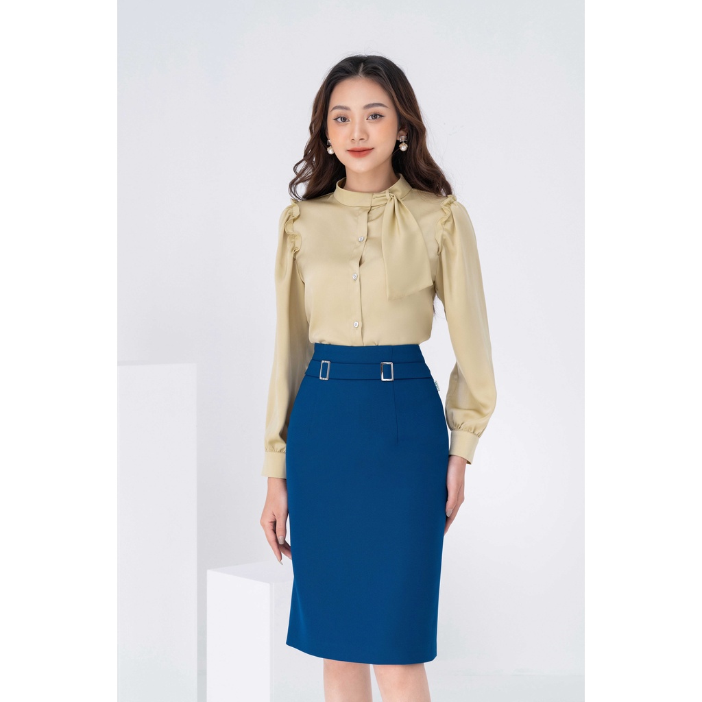 Áo sơ mi lụa be cổ tàu phối nơ Lamia Design SM028 SM027