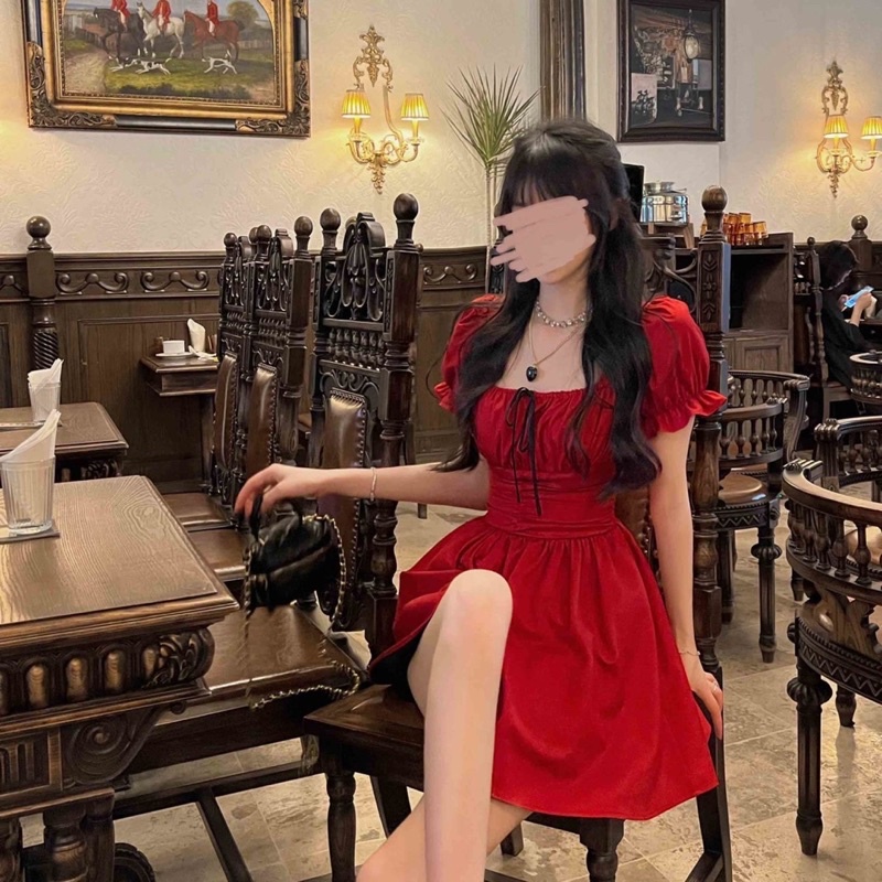 Váy xòe ngắn lolita đỏ nơ đen cổ vuông tay phồng nhẹ