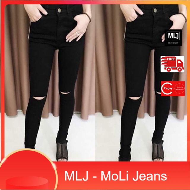 Quần jean đen tuyền Rách Gối, co dãn mạnh, phom ôm đẹp