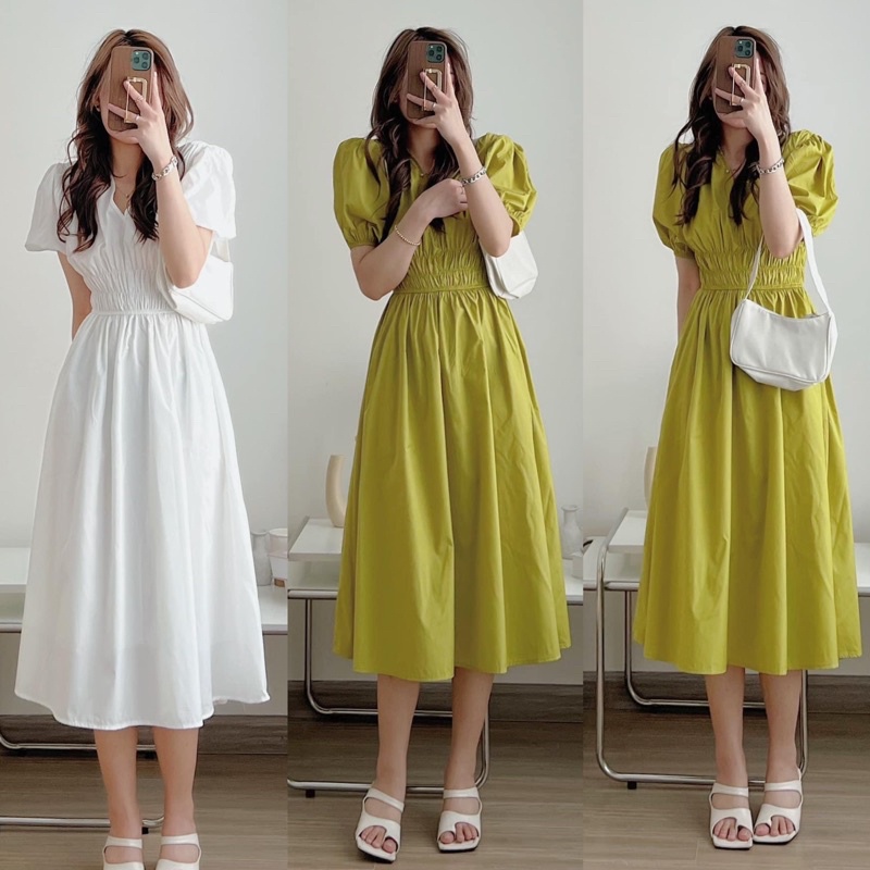 [Ảnh thật/Video]Váy Thô Hàn Mới về thiết kế cổ V dáng dài bo chun eo tôn dáng Đầm maxi Hàn Quốc đẹp nhẹ nhàng