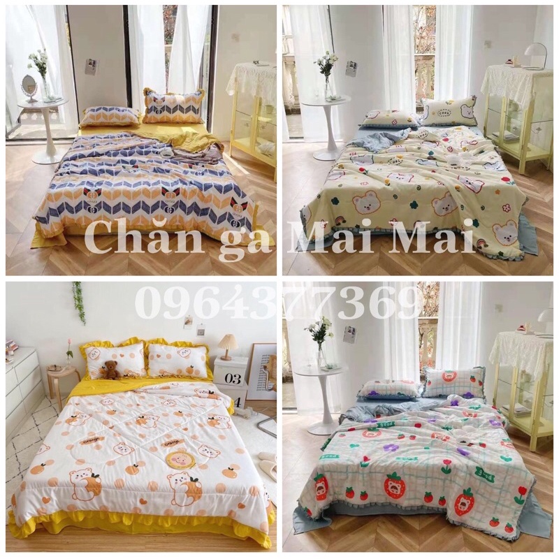 Bộ chăn ga đũi trần chăn hè bèo ngắn, mát, hoạ tiết bánh bèo