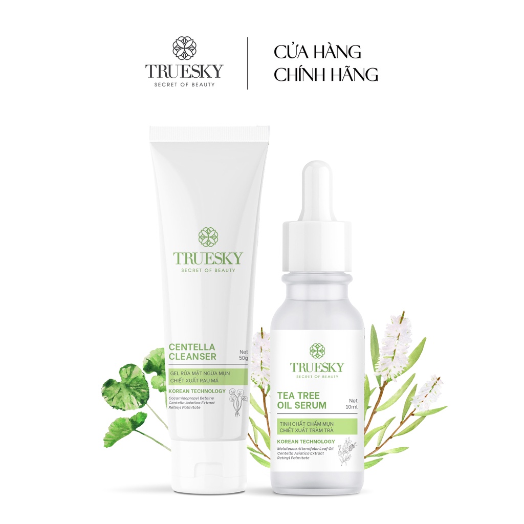 Bộ sản phẩm dành cho da mụn Truesky gồm 1 tinh chất chấm mụn tràm trà 10ml + 1 gel rửa mặt ngừa mụn rau má 50g