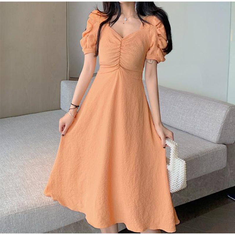 Đầm Nữ Tay Phồng Cổ Chữ V Màu Trơn Thời Trang