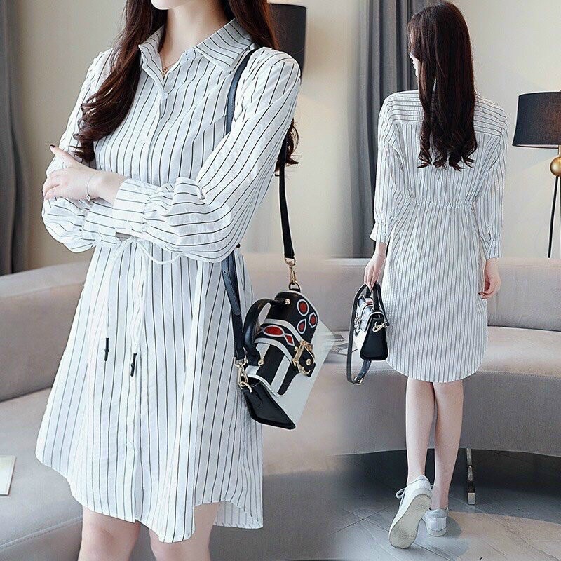 ĐẦM SỌC XÒE CỔ SƠ MI EO RÚT