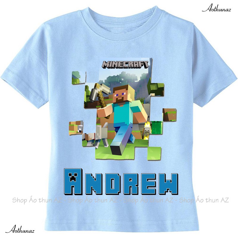 Áo thun trẻ em màu xanh biển in hình Minecraft - Cotton Thái M2387