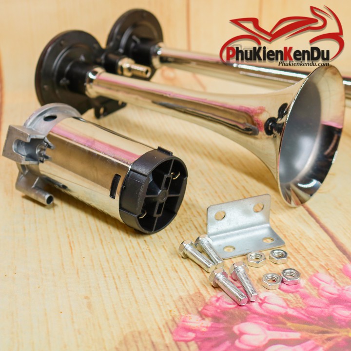 Còi hơi, kèn tự sinh hơi óng loa kim loại dài 20CM-45CM, mạ CROM, dùng cho ô tô, xe tải, xe máy 12V/24V - HORN TECH