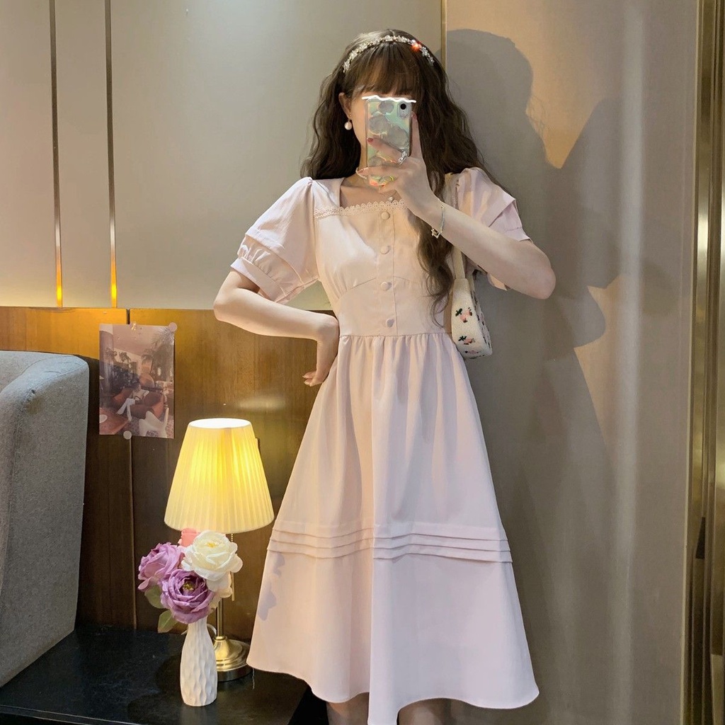 Đầm Cổ Vuông Thanh Lịch Phong Cách Pháp Thời Trang Cho Nữ Váy Dài Qua Gối Tiểu Thư