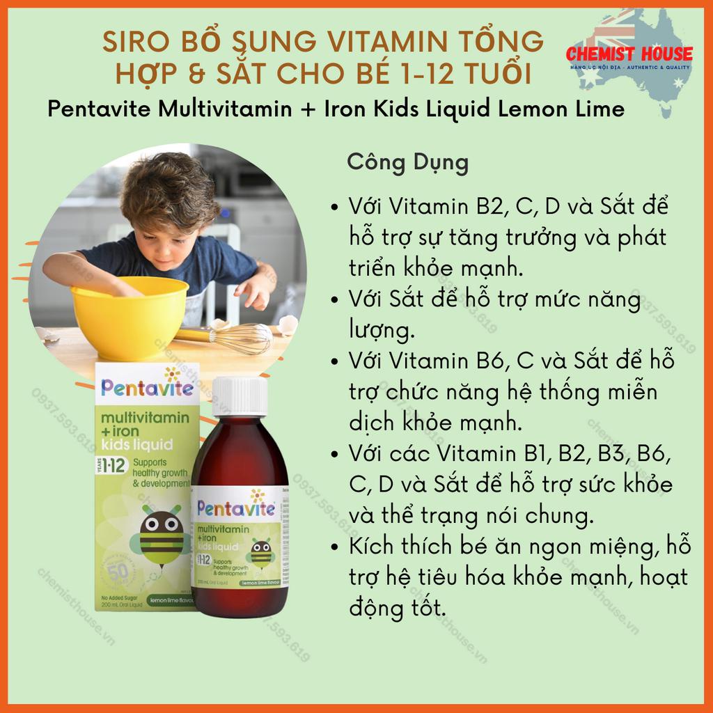 Siro Bổ Sung Vitamin Tổng Hợp & Sắt Cho Bé 1-12 Tuổi Pentavite Multivitamin + Iron Kids Liquid Lemon Lime 200ml NEW