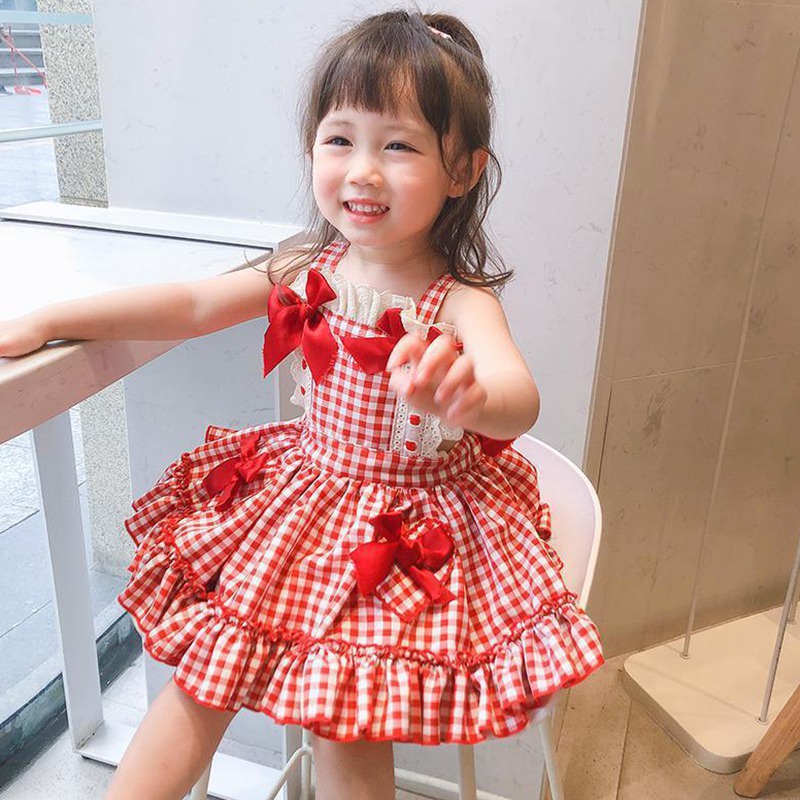 Đầm Công Chúa Lolita Xếp Ly In Họa Tiết Kẻ Ô Đính Nơ Viền Ren Dễ Thương Cho Bé Gái