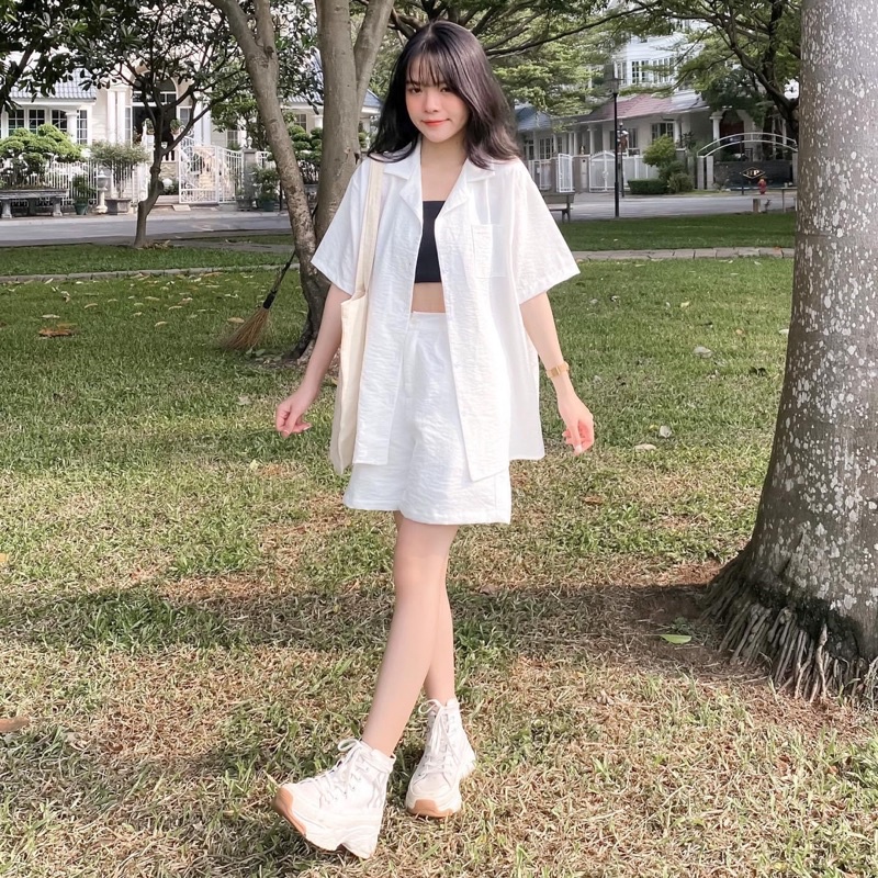 Set Đồ Nữ, Set Đồ Đũi Tay Ngắn Form Rộng Phong Cách Ulzzang - 84unisex