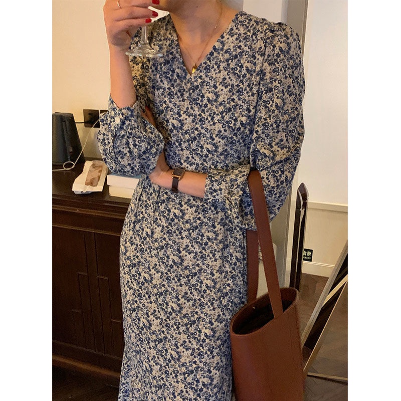 Đầm tay dài cổ chữ v in họa tiết hoa phong cách Hàn Quốc thời trang cho nữ