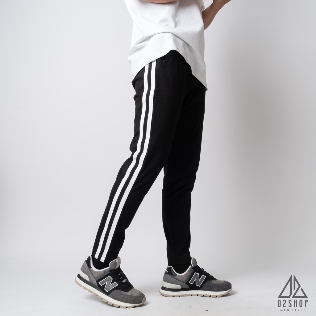 Quần thể thao nam D2shop, quần thun nam co giãn màu đen, 2 sọc trắng