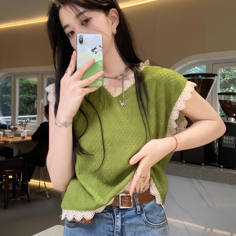 Áo vest nữ dệt kim Áo Len Không Tay Cổ V Ren Hàn Quốc