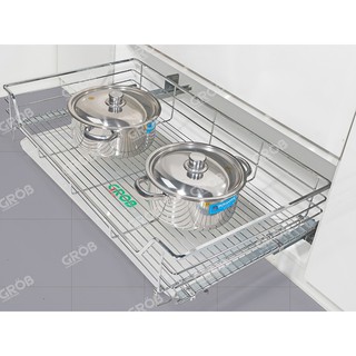 Kệ để xoong nồi được làm bằng chất liệu Inox bóng nan vuông, ray âm giảm chấn của hãng GROB, hàng nhập khẩu