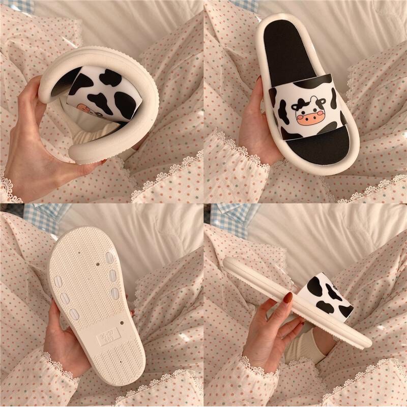 (2 mẫu) dép nữ quai ngang bò sữa in hình cute trend