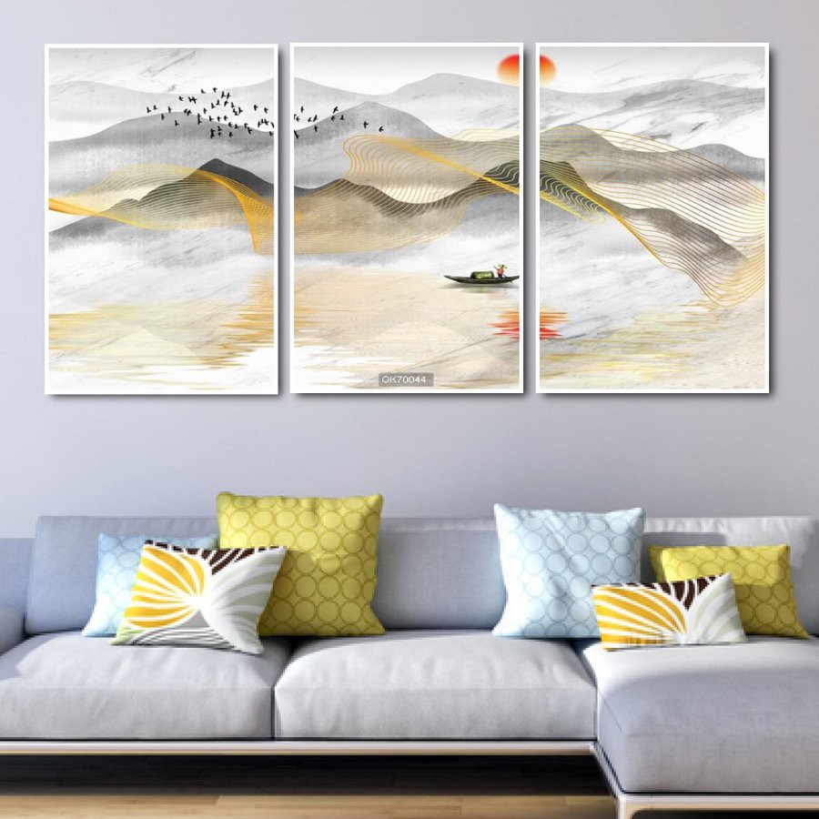 Bộ 3 tấm tranh canvas treo tường Lala chủ đề núi non trang trí phòng khách, phòng ngủ kèm đinh 3 chân đa năng