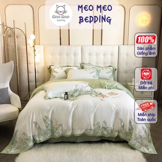 Bộ chăn ga gối tencel 80s thêu cây cỏ hoa lá nhập khẩu cao cấp - cotton poly - mẫu 39 - bộ chăn ga gối 4 món