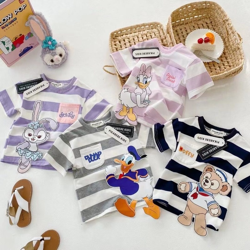 Áo Thun Cotton Ngắn Tay Họa Tiết Kẻ Sọc Hoạt Hình Thời Trang Mùa Hè Cho Trẻ Em
