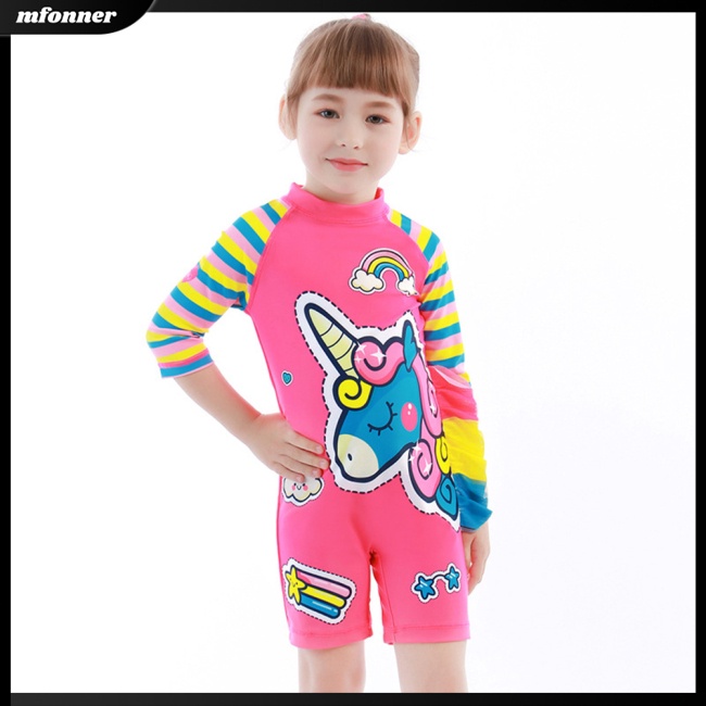 Bộ Đồ Bơi 2 Mảnh Dài Tay Cổ Đứng Khóa Kéo + Mũ Chống Nắng Hoạt Hình Dành Cho Bé Gái