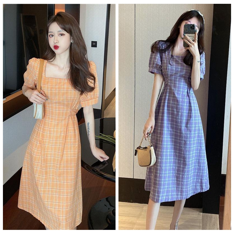 Đầm Nữ Tay Ngắn Họa Tiết Caro Phong Cách Retro Thời Trang