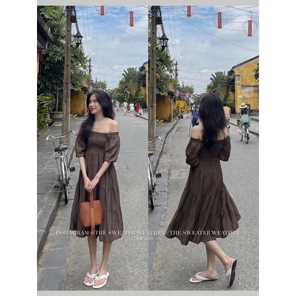 Váy đũi trễ vai bo chun xòe tầng the.sweaterweather TSW (ảnh thật)