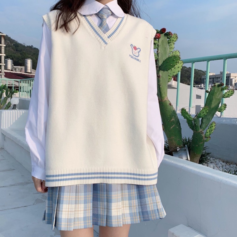 Set đồng phục nữ sinh gồm áo Sweater dệt kim không tay phối chân váy xếp ly thời trang xuân thu mới