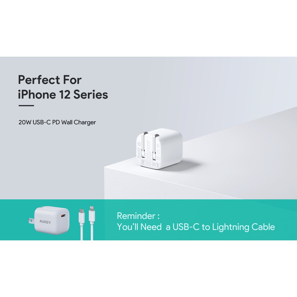 Củ sạc nhanh Aukey PA-B1pro, cổng PD-C công suất 20W, chấu gập, nhỏ gọn - hàng chính hãng