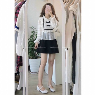 Set áo ren❤️hình thật 100%❤️Set áo ren trắng dài tay+chân váy đen
