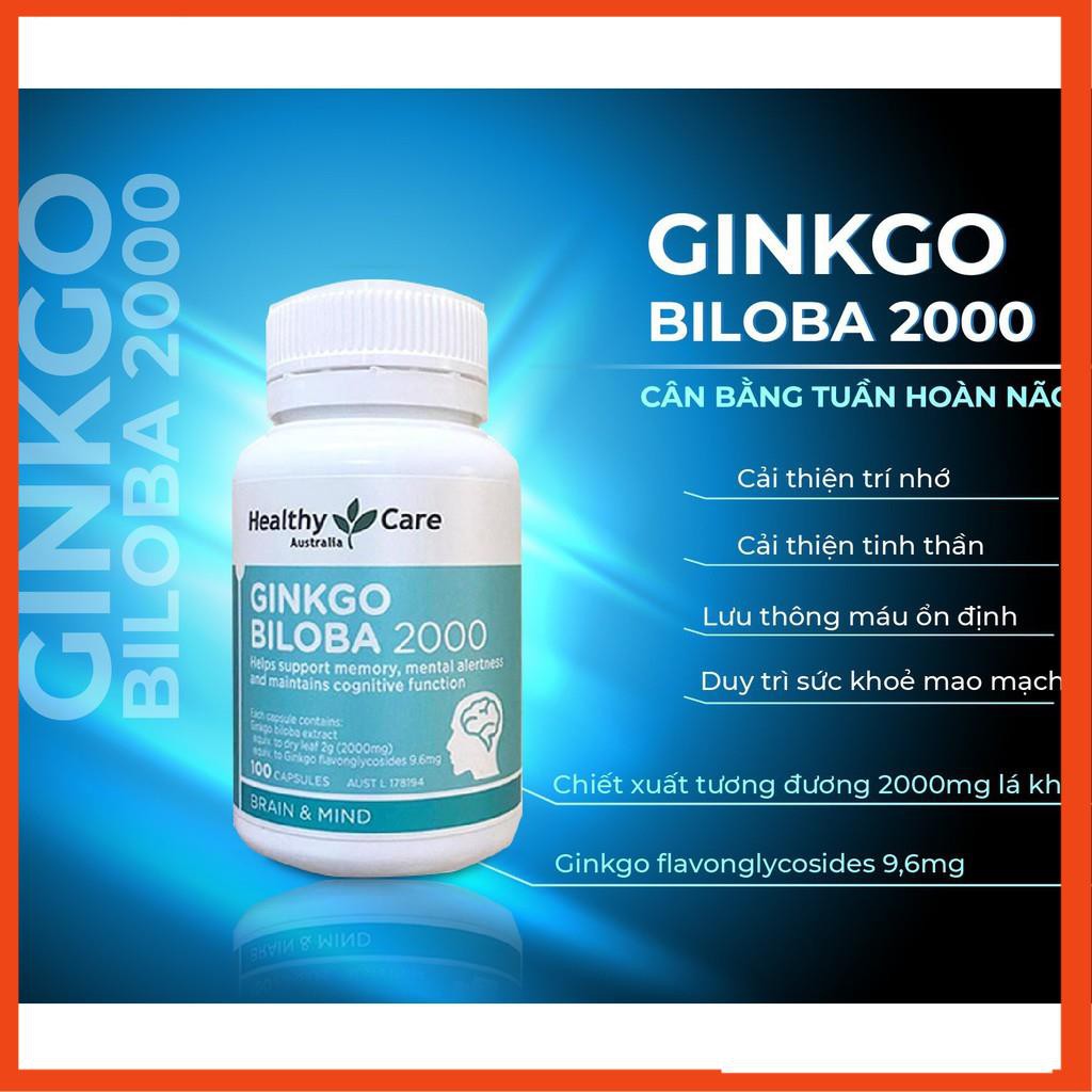 [HÀNG CHÍNH HÃNG] Bổ não Ginkgo Biloba 2000 Healthy Care, viên uống bổ não, tuần hoàn máu não, 100 viên, Mẫu mới