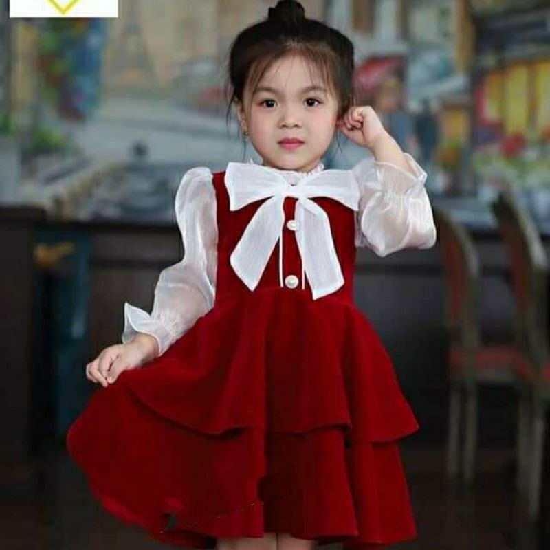 Váy Bé Gái ❤️ Váy Nhung Đỏ Phối Tay Áo Trắng, Có Nơ Trước Ngực Ngực Diện tết Cực Xinh Cho Bé Gái Từ 10-30kg