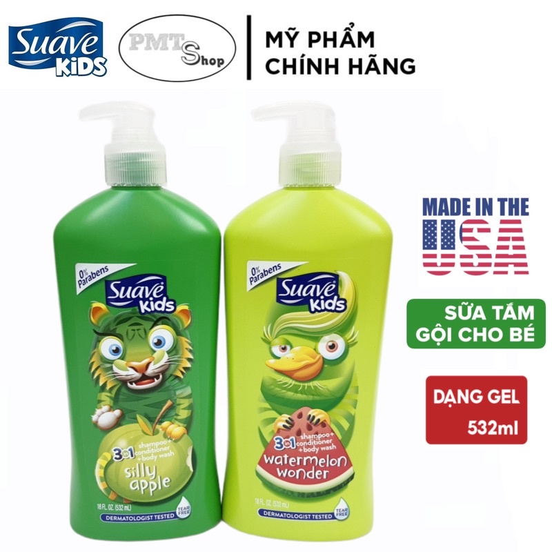 Sữa tắm gội toàn thân 3in1 cho Bé Suave Kids chai vòi 532ml Táo, Dưa hấu, Dâu, Dừa không cay mắt | BigBuy360 - bigbuy360.vn