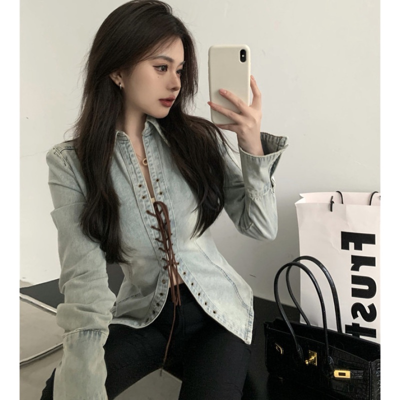 Áo Sơ Mi Denim Tay Dài Thắt Dây Chéo Phong Cách Cổ Điển Thời Trang Cho Nữ