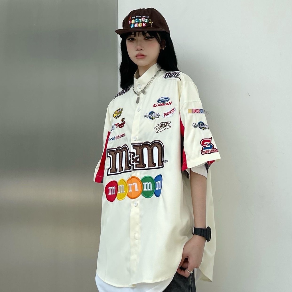Áo thun tay ngắn dáng rộng in họa tiết M bean đường phố Mỹ cổ điển cho nam và nữ