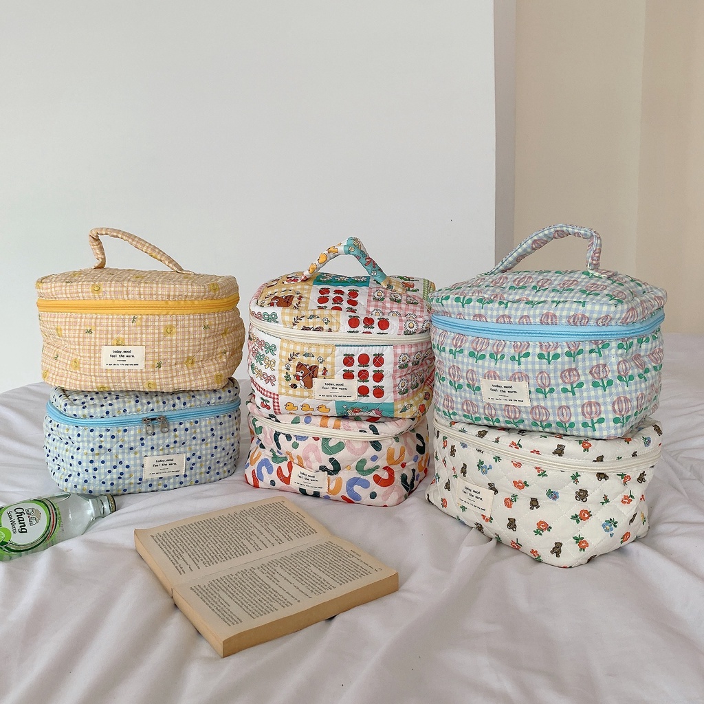 Túi Đựng Mỹ Phẩm Bằng Vải cotton Chần Bông Sức Chứa Lớn Di Động Tươi Tắn Và Đáng Yêu Cho Nữ