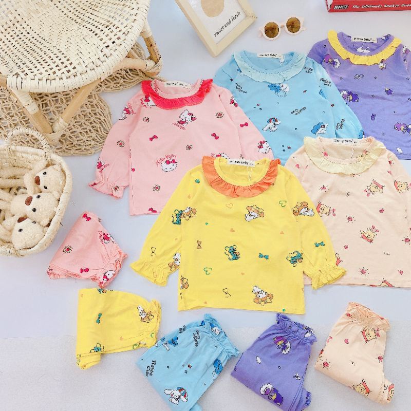 Bộ Dài Tay Cho Bé Gái Minky Mom Phối Tay Bèo Dễ Thương Vải Thun Lạnh Mềm Mịn, Bộ Thu Đông Cho Bé - DTB