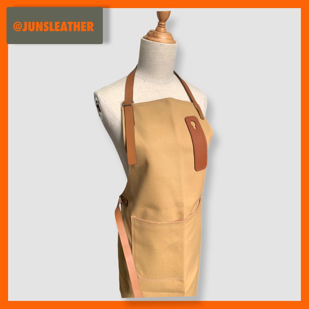 Tạp dề pha chế vải canvas dây da của Junsleather phối da bò cao cấp dành cho Barista/Bartender quán cà phê