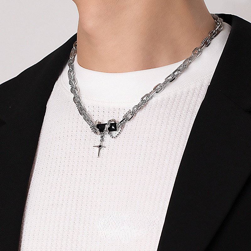 Vòng cổ Nhiều Lớp Đính Đá zircon Màu Đen Phong Cách Đường Phố Cá Tính