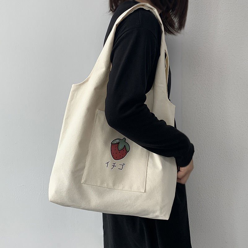 Túi tote vải canvas đi học đi chơi có túi nhỏ xinh in Dâu tây AH1632