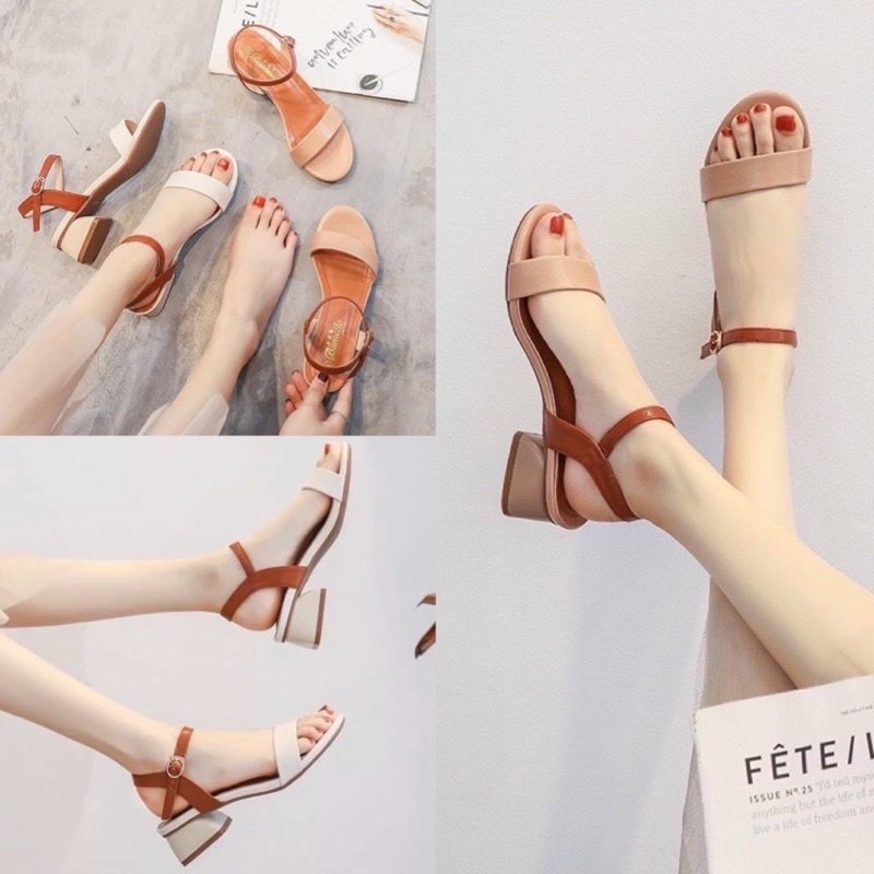 Dép sandal cao gót nữ  giày cao gót 3p quai ngang chất da mềm phối màu phong cách hàn quốc