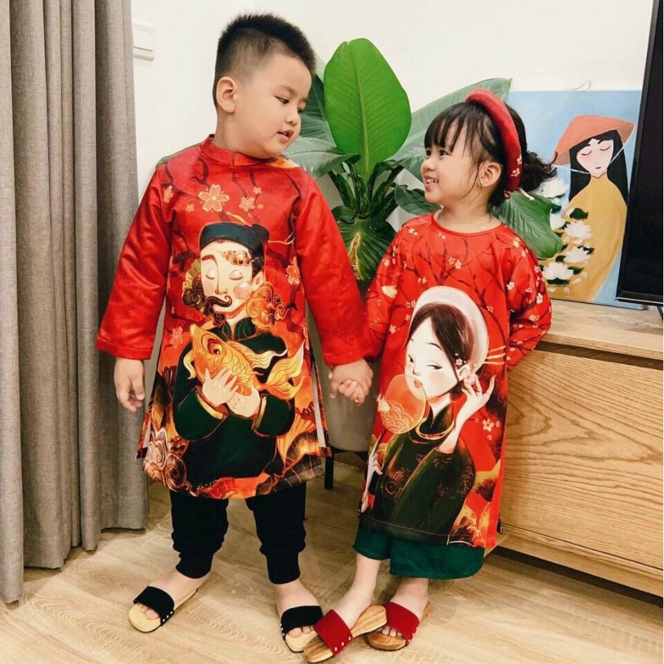 Áo dài TẾT 2021 cách tân truyền thống - Áo dài cho bé hình ông đồ cô tấm - Chất liệu lụa in 3D cao cấp