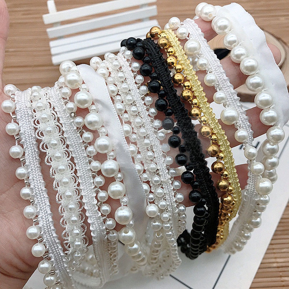 Cuộn dây ruy băng vải ren đính ngọc trai dùng trang trí thủ công diy