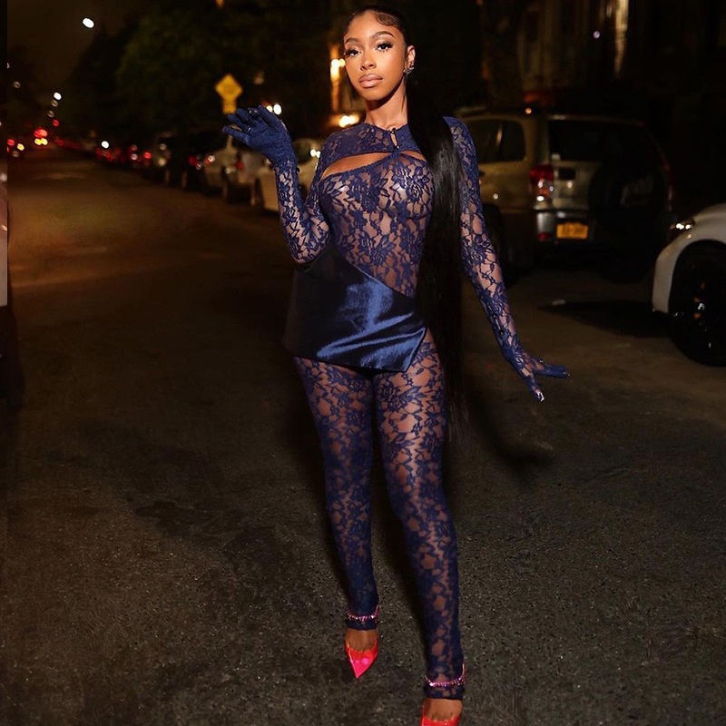 Áo liền quần Tay Dài Phối Ren Hoa Thiết Kế Quyến Rũ