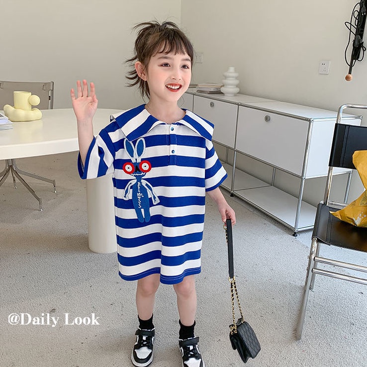 Đầm Thun Polo Cotton Mỏng Màu Nhuộm Thời Trang Mùa Hè Hàn Quốc Mới Cho Bé Gái