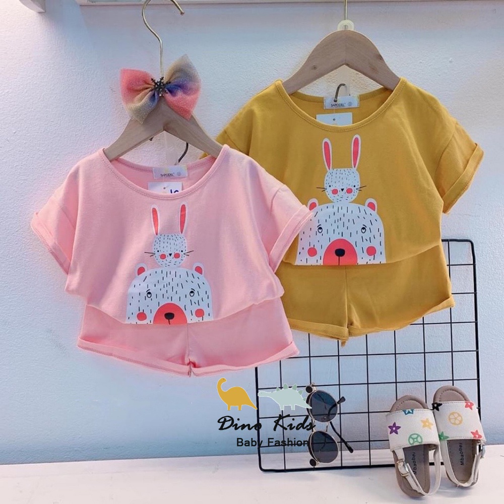 Bộ quần áo mùa hè bé gái, bộ quần áo 100% cotton in hình gấu thỏ đáng yêu cho bé