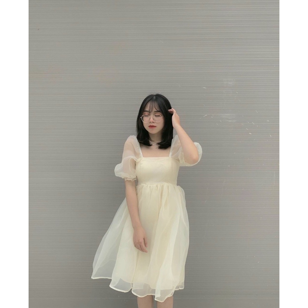 Đầm tiểu thư cổ vuông tay bồng, Váy voan nữ sang chảnh dáng xòe mặc đi chơi đi tiệc